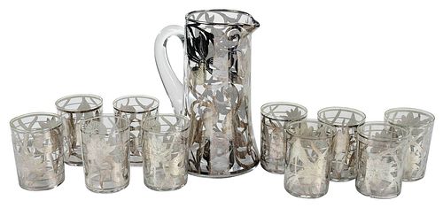 Art Nouveau Silver Overlay Glass Drinks Service