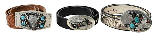Three Ornate Southwestern Silver and Turquoise Belts 