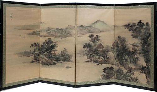 CHINESE HAND PAINTED ON SILK FOUR PANEL SCREEN