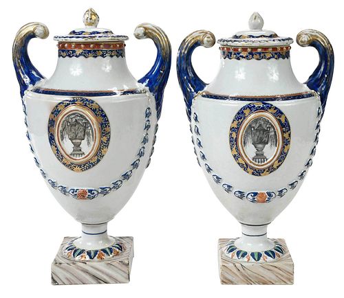 Pair of Chinese Export Porcelain Pistol Handled Urns