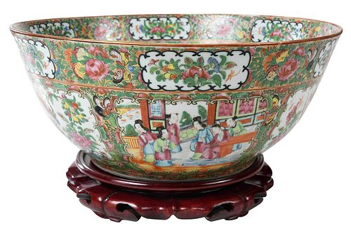 Chinese Rose Medallion Porcelain Punch Bowl with Stand