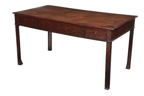 Chinese Chippendale Fretwork Leather Top Partner's Desk