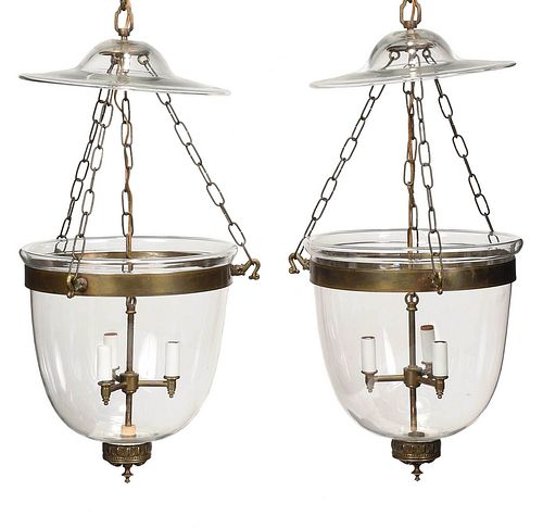 Pair of Georgian Glass and Brass Smoke Bell Chandeliers