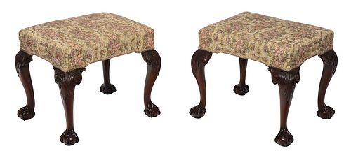 Pair Georgian Carved Mahogany Upholstered Footstools