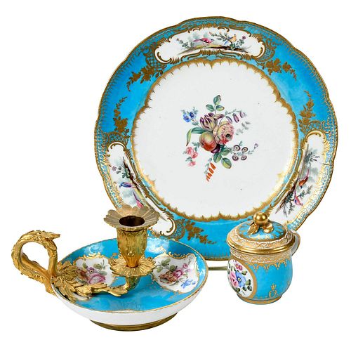 Three Porcelain Sevres Blue Celeste Table Objects