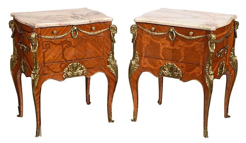 Pair Louis XV Style Inlaid Marble Top Bedside Commodes