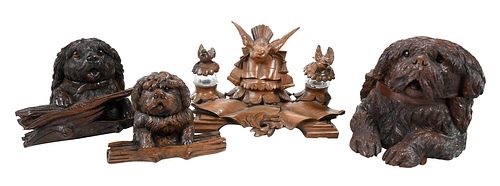 Group of Four Black Forest Carved Wood Table Objects