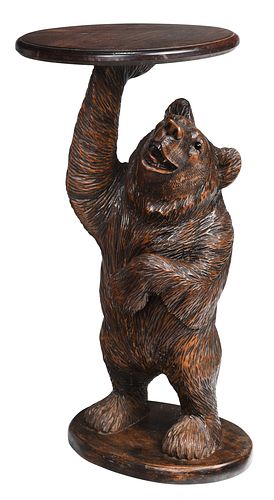 Black Forest Carved Bear Form Pedestal Side Table