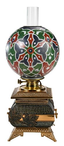 Aesthetic Movement Mixed Metals Oil Lamp with Painted Globe