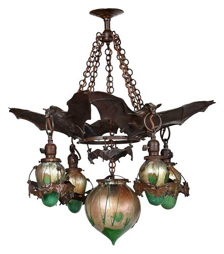 Rare Art Nouveau Bronze and Glass Bat Chandelier