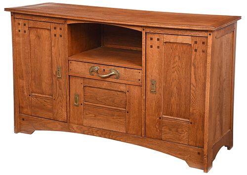 Jallot Attributed Arts and Crafts Inlaid Oak Sideboard
