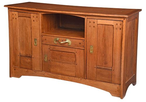 Jallot Attributed Arts and Crafts Inlaid Oak Sideboard
