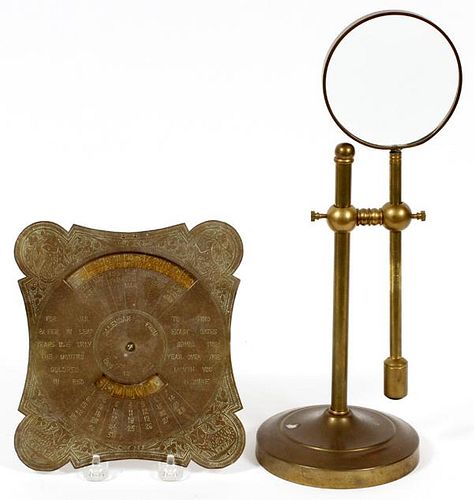 BRASS ADJUSTABLE MAGNIFYING GLASS AND CALENDAR