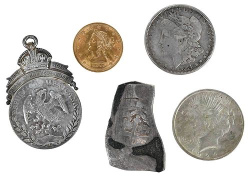Group of Coins and Exonumia, $10 Gold, Silver Dollars 