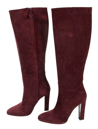 Pair of Hermes Burgundy Suede Tall Boots