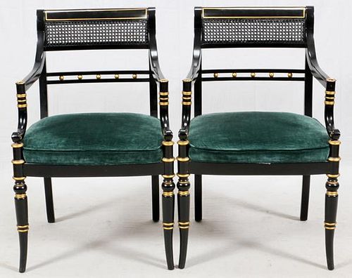 HICKORY WOOD BLACK LACQUER AND CANE SIDE CHAIRS