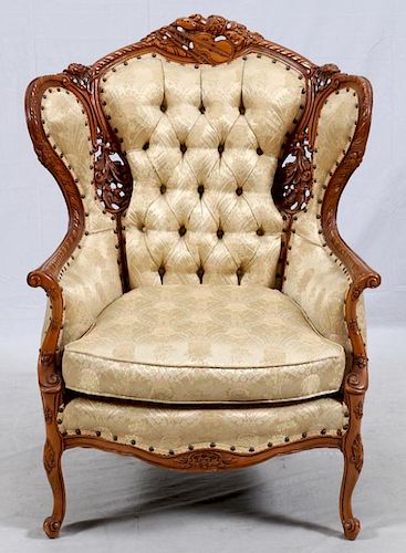 CARVED WALNUT AND UPHOLSTERED PARLOR CHAIR