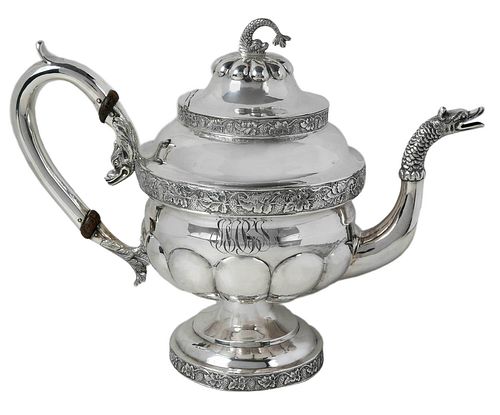 John Ewan Coin Silver Teapot, Dolphin Finial