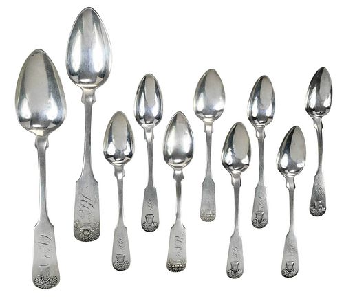 Ten Marquand Coin Silver Spoons, Wheat and Flowers