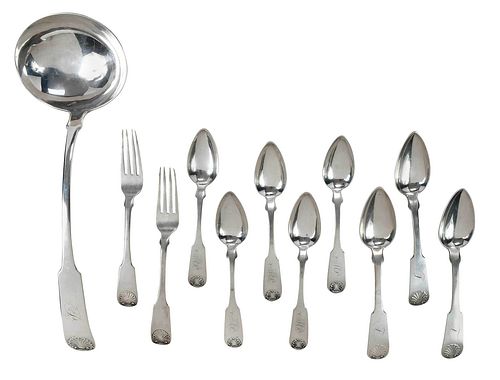 Eleven Marquand Coin Silver Flatware, Shell Pattern 