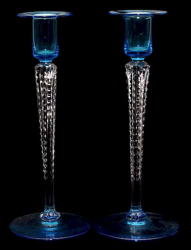 STEUBEN CELESTE BLUE GLASS CANDLESTICKS C. 1920