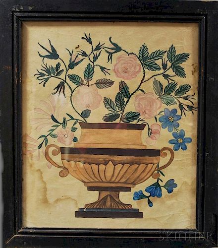 American School, 19th Century      Theorem with an Urn of Pink Roses.