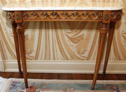 LOUIS XVI STYLE WALNUT CONSOLE TABLE W/ MARBLE TOP