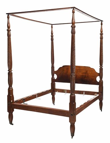 American Classical Tobacco Leaf Carved Four Poster Bed