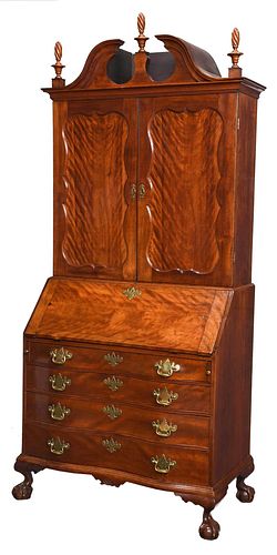 New England Chippendale Serpentine Desk and Bookcase