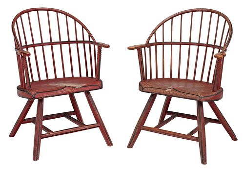 Pair of American "Firehouse Windsor" Armchairs, Original Red Paint