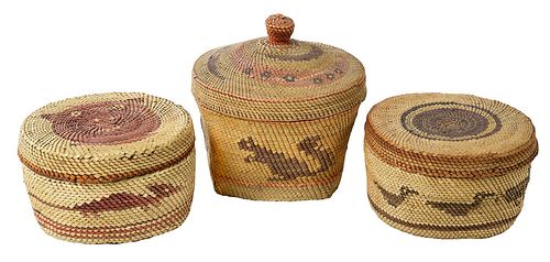 Three Lidded Pictorial Makah Baskets