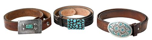 Three Southwestern Silver and Turquoise Belts 