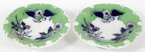 ENGLISH GREEN, BLUE & WHITE PORCELAIN COMPOTES