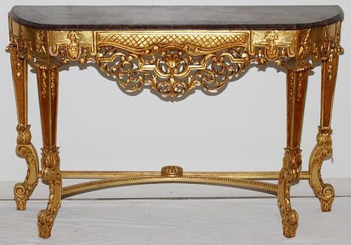 FRENCH GILT CONSOLE TABLE & ROSE VEINED MARBLE TOP