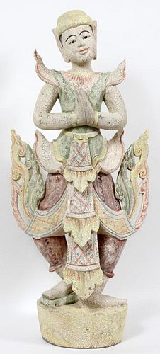ASIAN THAI GIRL FIGURE CARVED WOOD HAND PAINTED