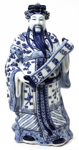 CHINESE BLUE & WHITE PORCELAIN STANDING SCHOLAR