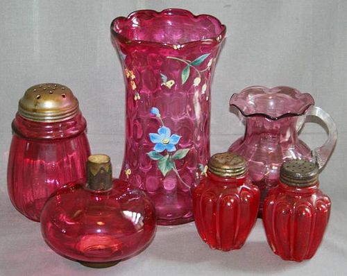 CRANBERRY GLASS GROUPING 19TH C. SIX PIECES