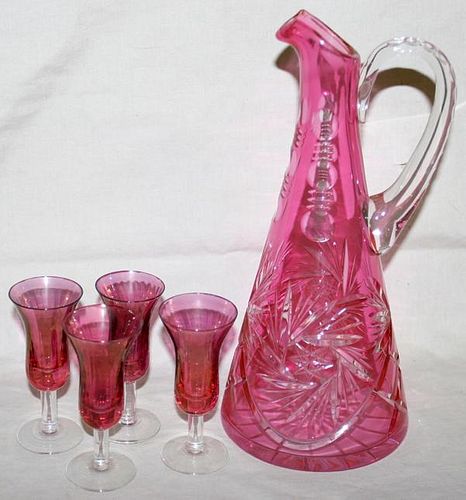 CRANBERRY OVERLAY PITCHER & LIQUOR GLASSES