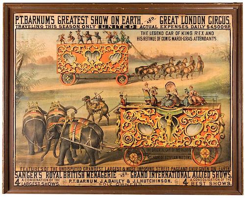 P.T. Barnum's Greatest Show on Earth. The Legend Car of King Rex and His Retinue of Comic Mardi Gras Attendants.