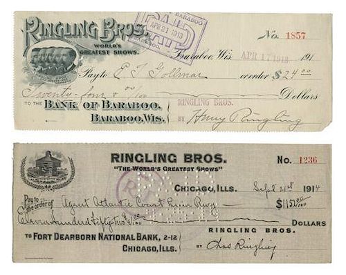 Trio of Checks Signed by the Ringling Brothers Charles, Albert, and Henry. 1913 Ð 14. Three lithographic checks of two different designs and banks, s