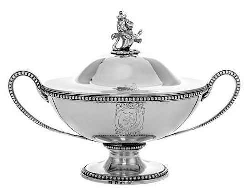 A George III Silver Sauce Tureen, Likely Pierre Gillois, London, Second Half 18th Century, of two-handled form, the lid with a r