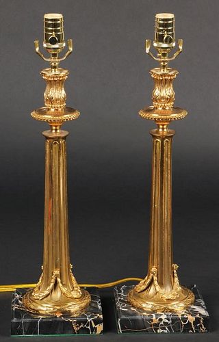Pair of Dore Bronze Column Candlestick Lamps