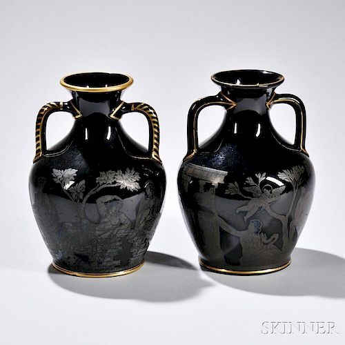 Two Similar Black-glazed Redware Portland-type Vases