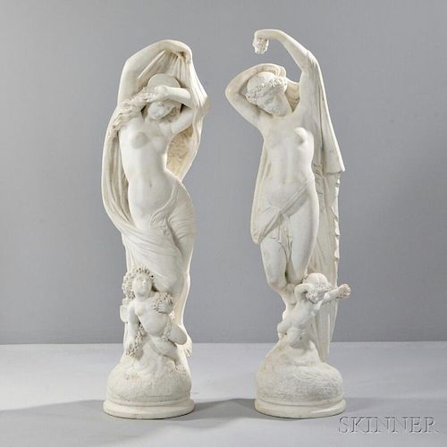Professor Chiurazzi (Italian, Late 19th/Early 20th Century)       Pair of Marble Female Nude Figures with Putti