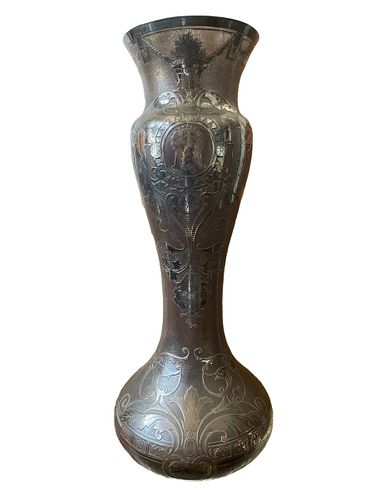 Huge Silver Overlay Art Nouveau Art Glass Vase 