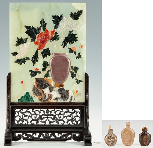 4 Chinese Items Incl. Floral Hardstone Table Screen & Snuff Bottles