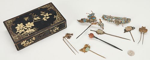 Chinese Hair Jewelry, incl. Kingfisher in Lacquer Box, 9 pcs.