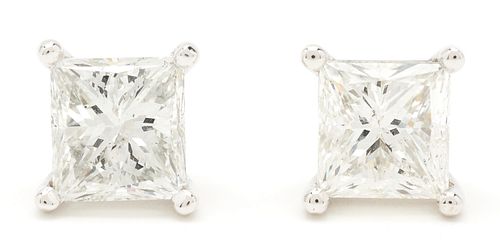Pair 14K  Princess Cut Square Diamond Earrings, 4 Carats