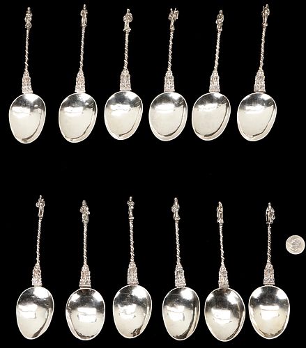 12 Sterling Silver Apostle Spoons, poss. Spanish Colonial