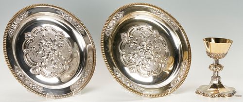 English Sterling Chalice & 2 Silver-plated Communion Plates
